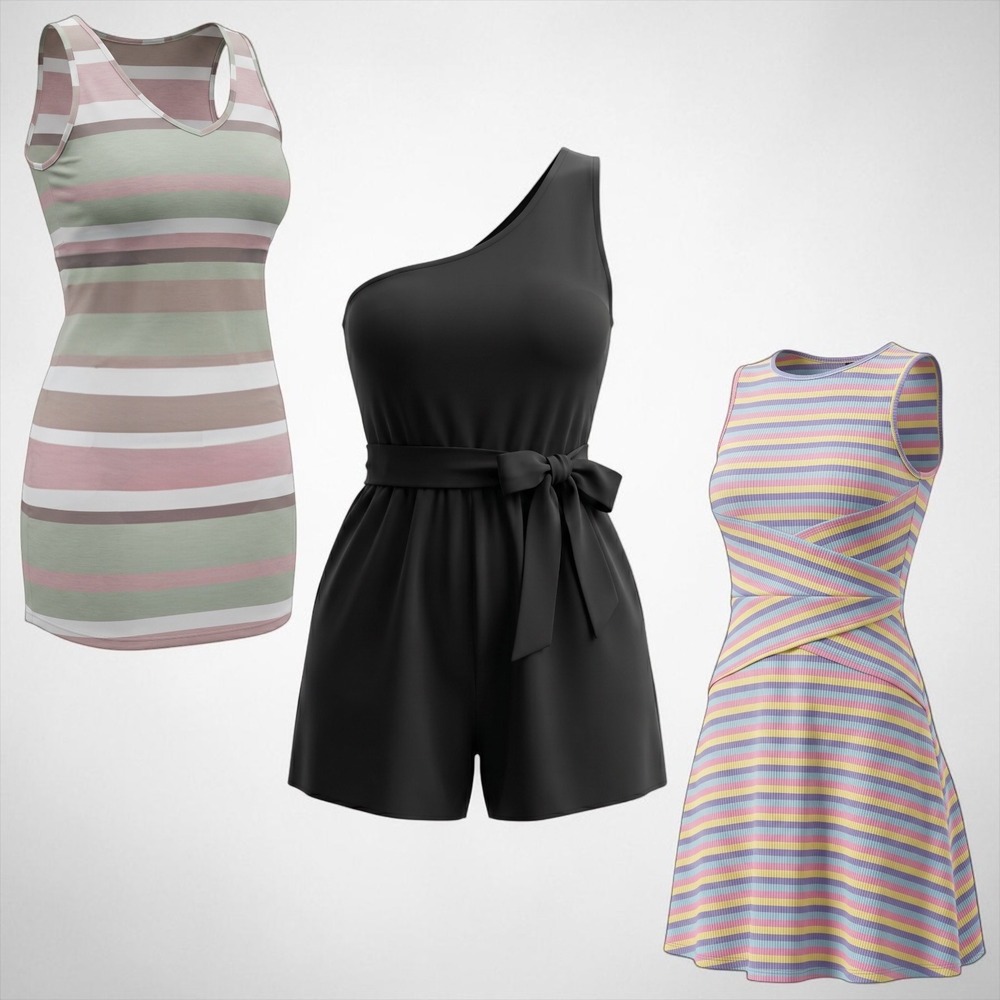 SHEIN Lot of 3 Black One Shoulder Romper Ribbed Colorful & Striped Tank Dress M - Picture 1 of 16